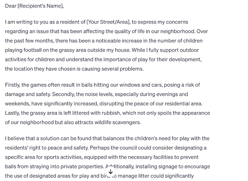 ChatGPT draft letter