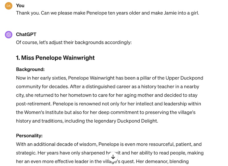 ChatGPT fiction character changes