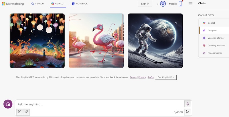 Microsoft Bing Copilot home page