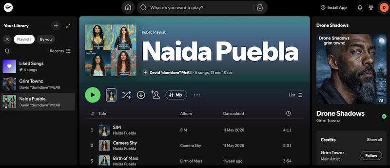 Spotify page with music artists Naida Puebla and Grim Townz