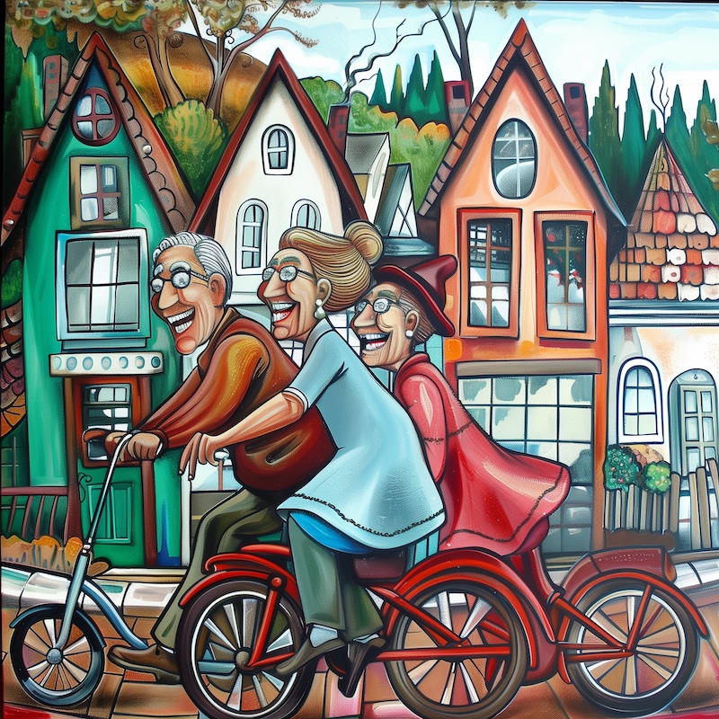cartoon people riding tricycle