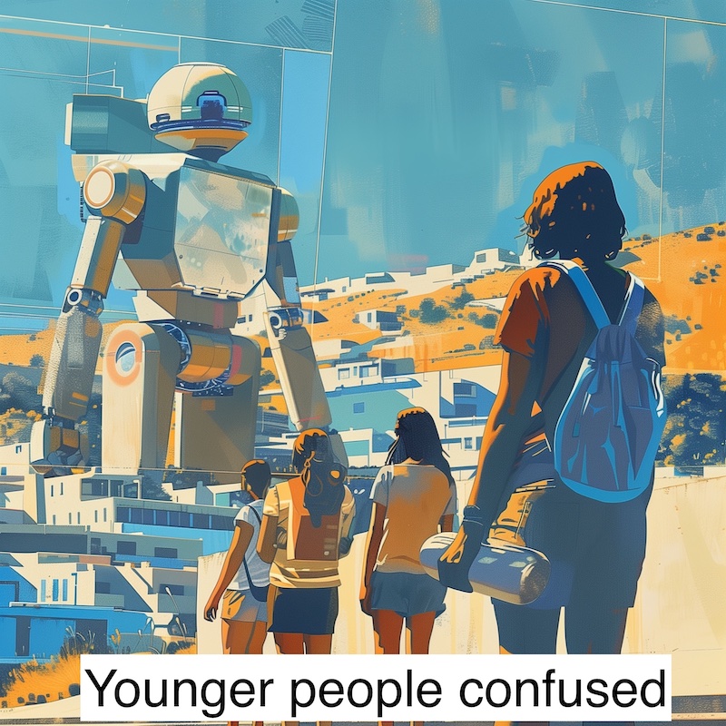 cartoon children observing large robotic figure