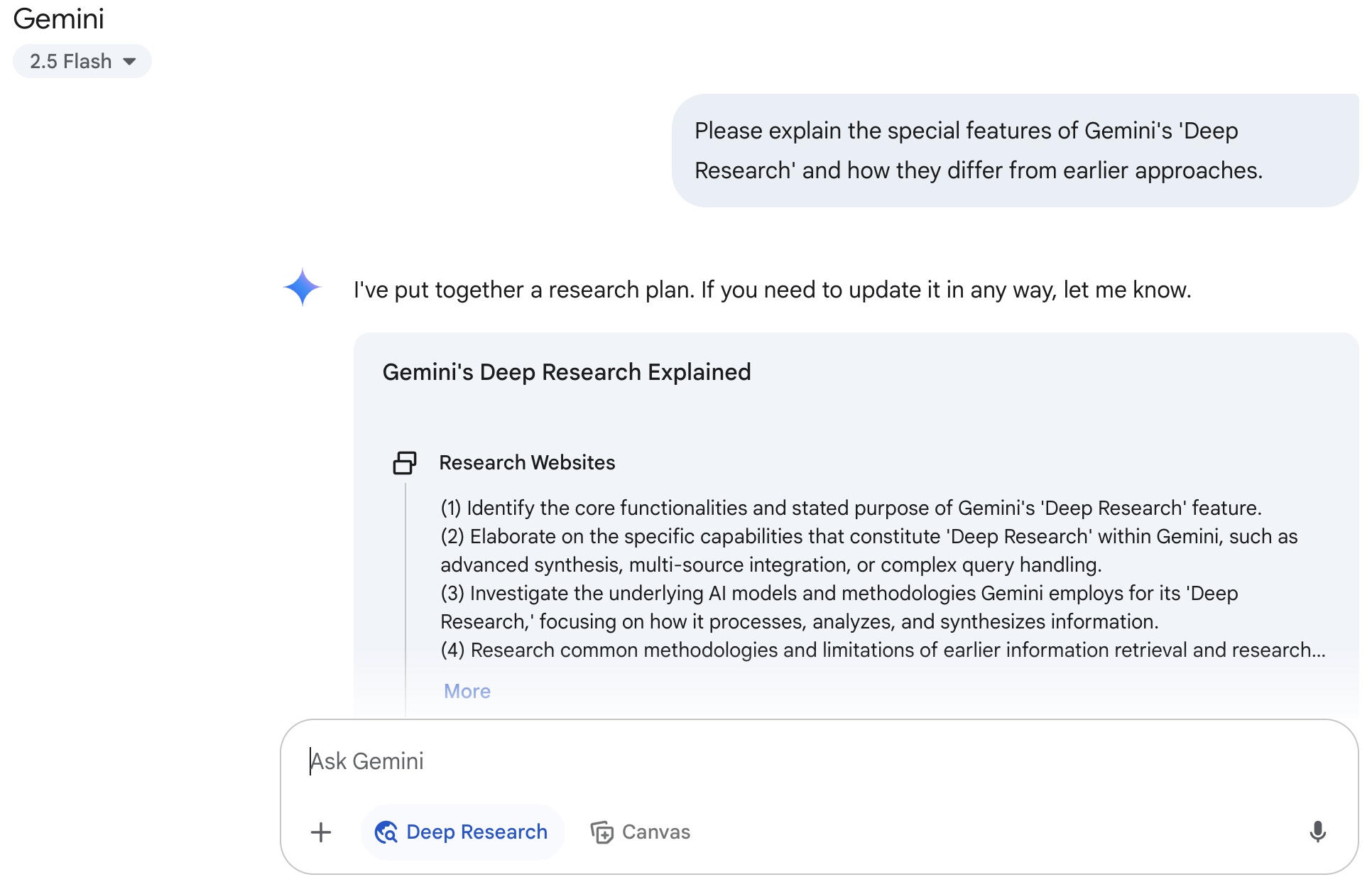 Gemini asked to explain its Deep Research tools