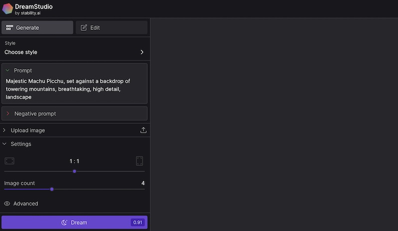 interface for first go for DreamStudio