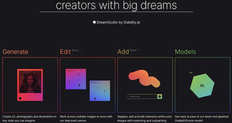 home page DreamStudio part 2